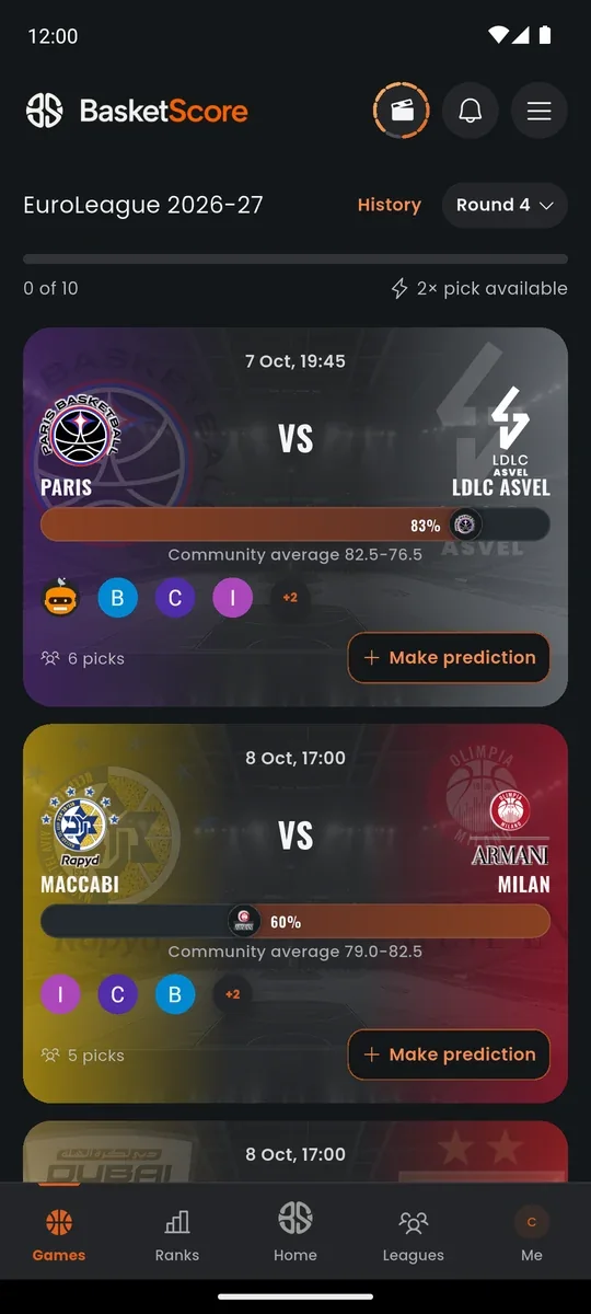 BasketScore Android app games screen with EuroLeague fixtures ready for score predictions