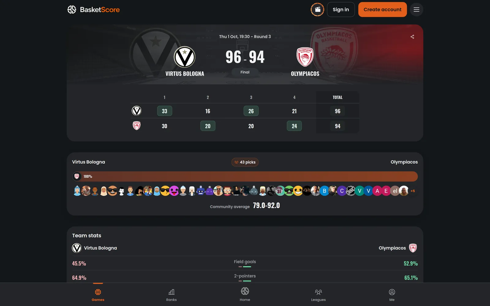 BasketScore desktop game page with final score and team stats
