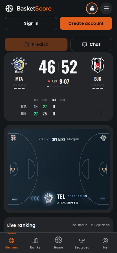 BasketScore live game: Maccabi Tel Aviv 46, Beşiktaş 52 in the third quarter, with the live court showing the last play