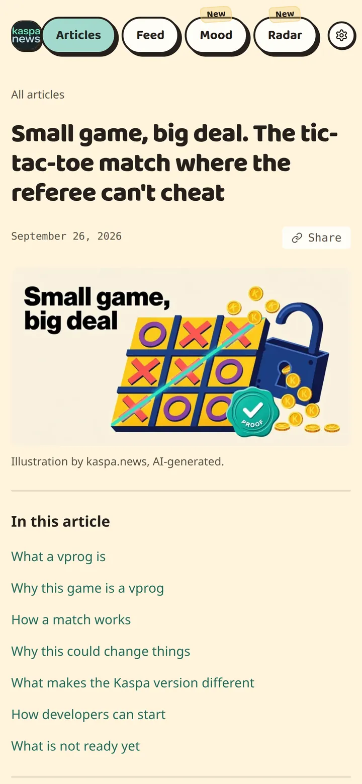 Kaspa News article on mobile with contents and an illustration