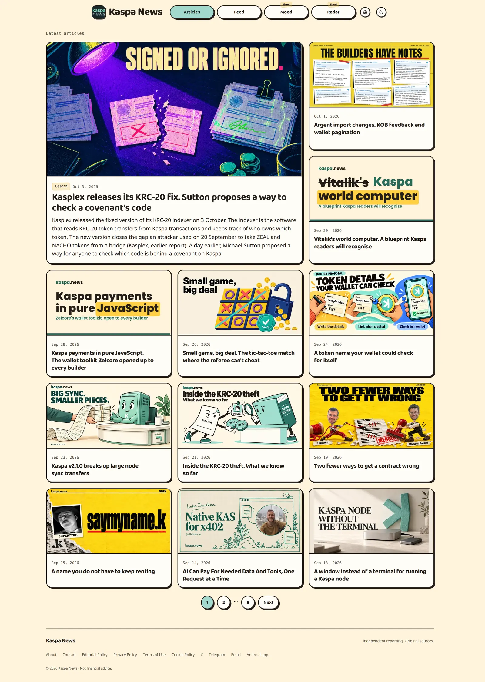 Kaspa News homepage with the latest illustrated articles