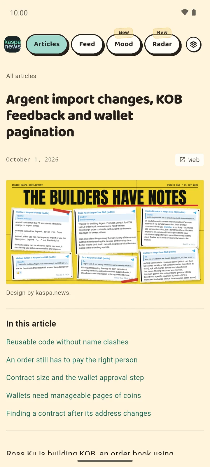 Native article reader with contents in the Kaspa News Android app