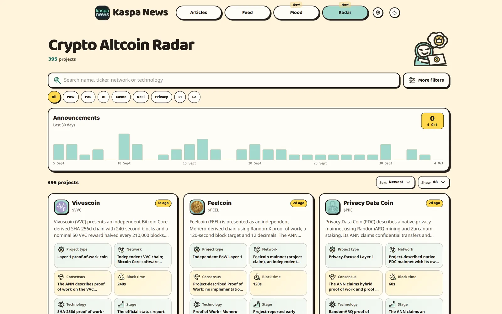 Crypto Altcoin Radar with search, filters, an announcements chart and research cards